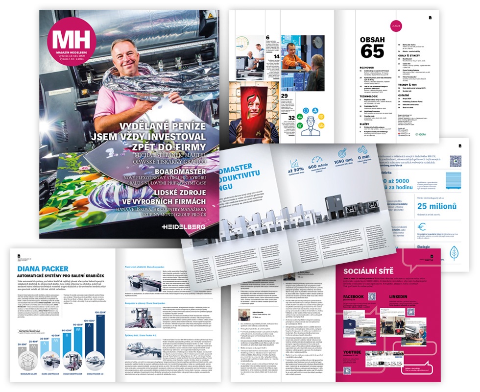 Koláž magazínu Heidelberg s titulní stránkou a vnitřními stranami