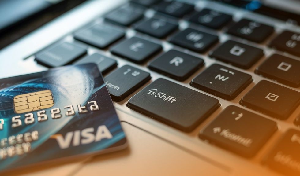 Detail platební karty Visa položené na klávesnici notebooku – symbolizuje riziko zneužití citlivých údajů při phishingu