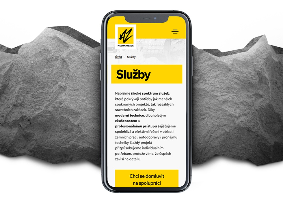 Detail webových stránek AZ mechanizace na mobilu – moderní online prezentace služeb s přehledným designem a důrazem na potřeby zákazníků