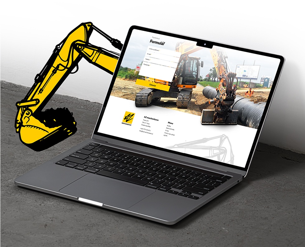 Webové stránky AZ mechanizace na notebooku – online formulář pro rychlý kontakt a vizuálně přitažlivá prezentace přímo ze stavby
