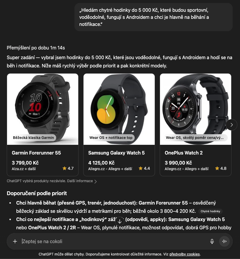 Příklad výsledků GPTShopping