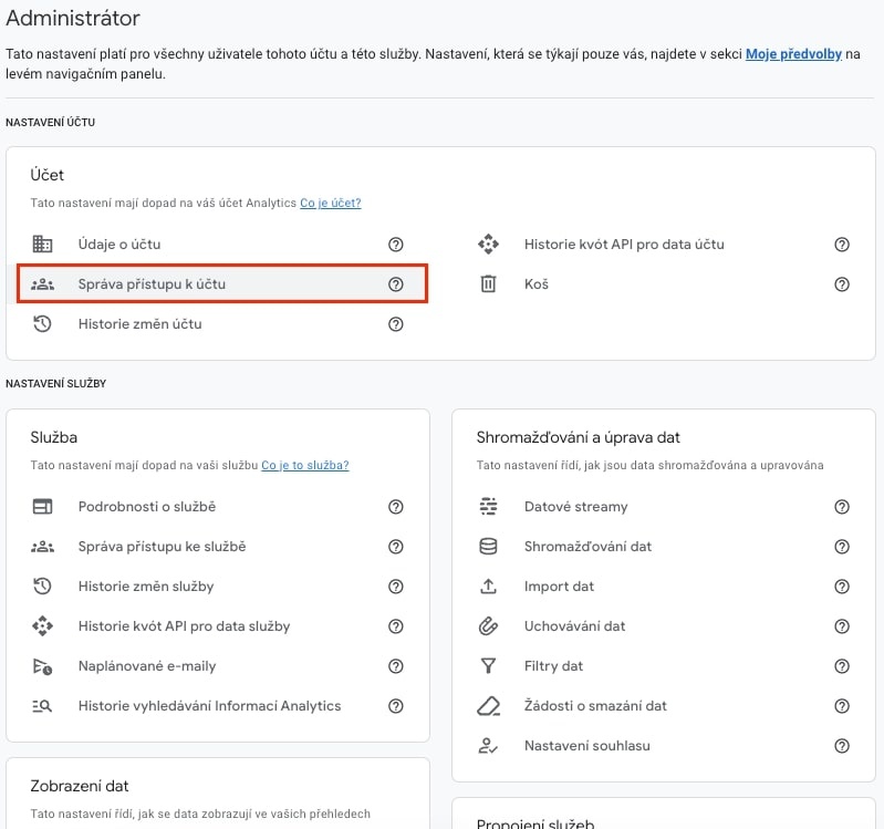 Přidání uživatele do Google Analytics - Správa přístupu k účtu