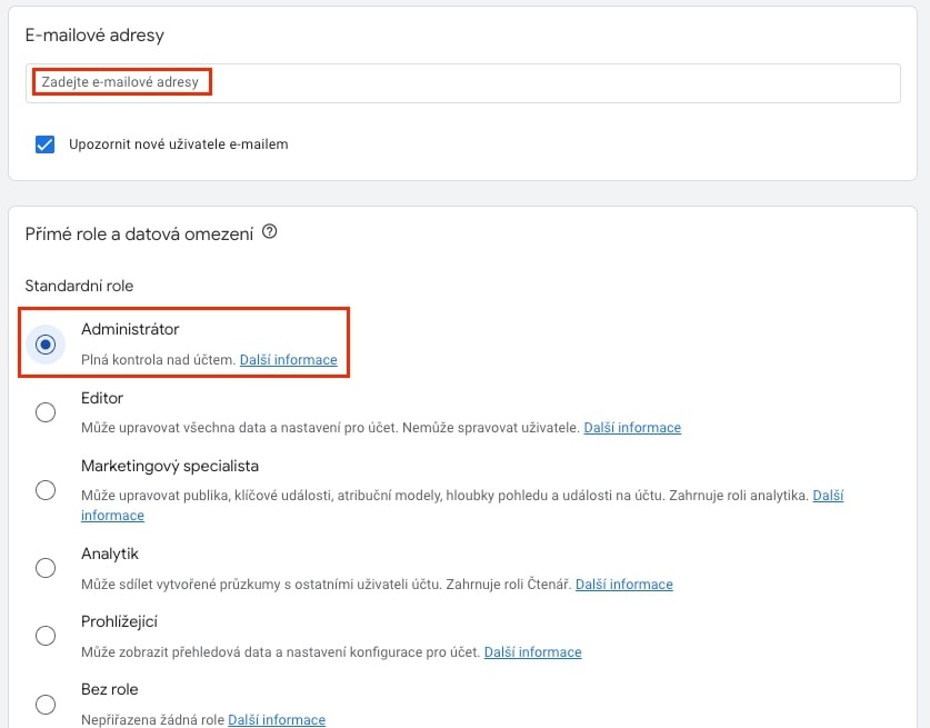 Přidání uživatele do Google Analytics