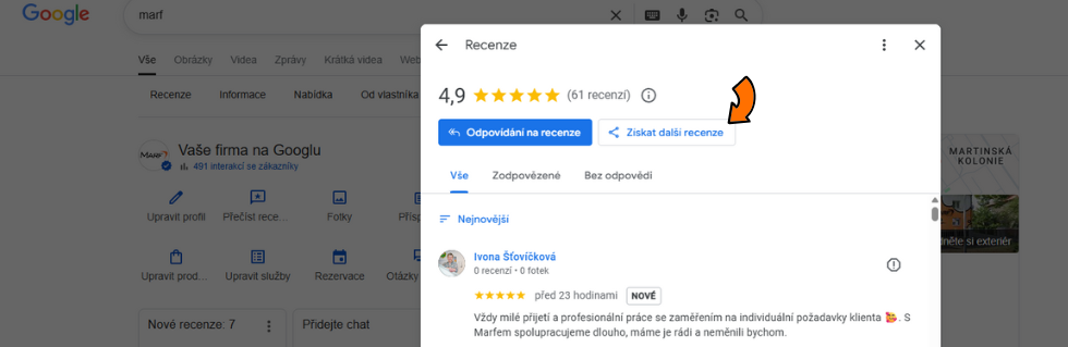 Odkaz pro recenzi firmy na Google