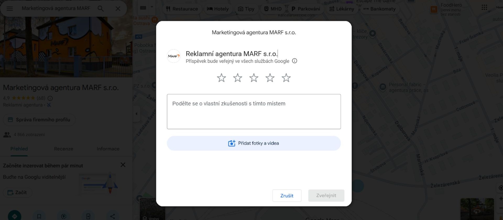 Recenzní okénko Google Firmy