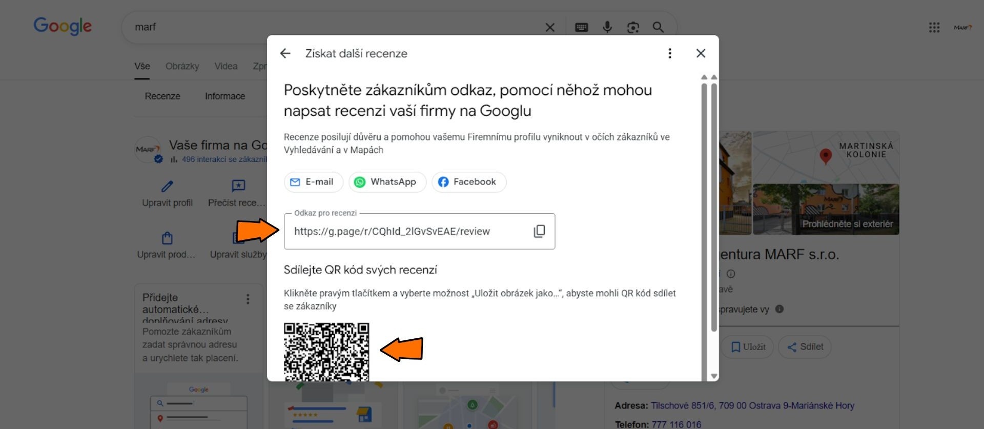 Odkazy a QR na recenze Google Firmy