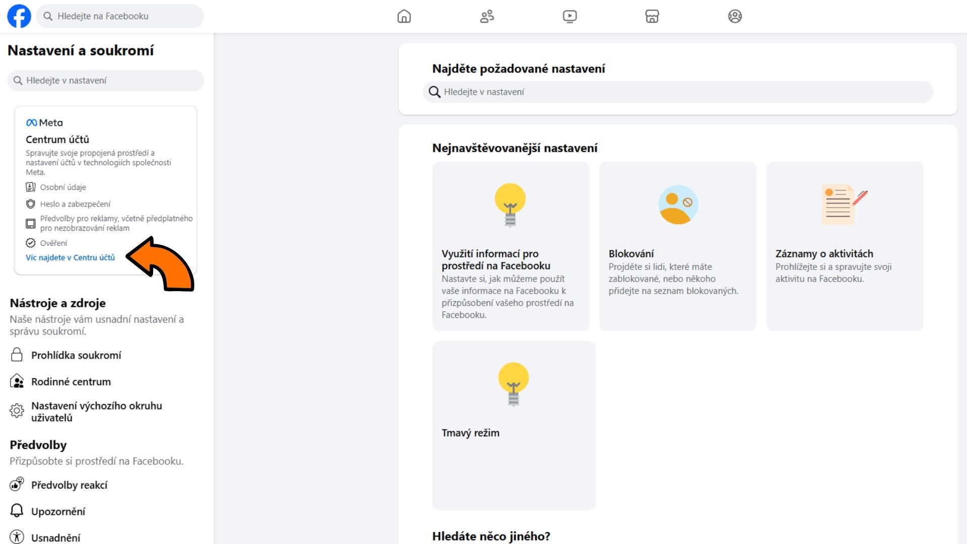 Facebook bez reklam - centrum účtů
