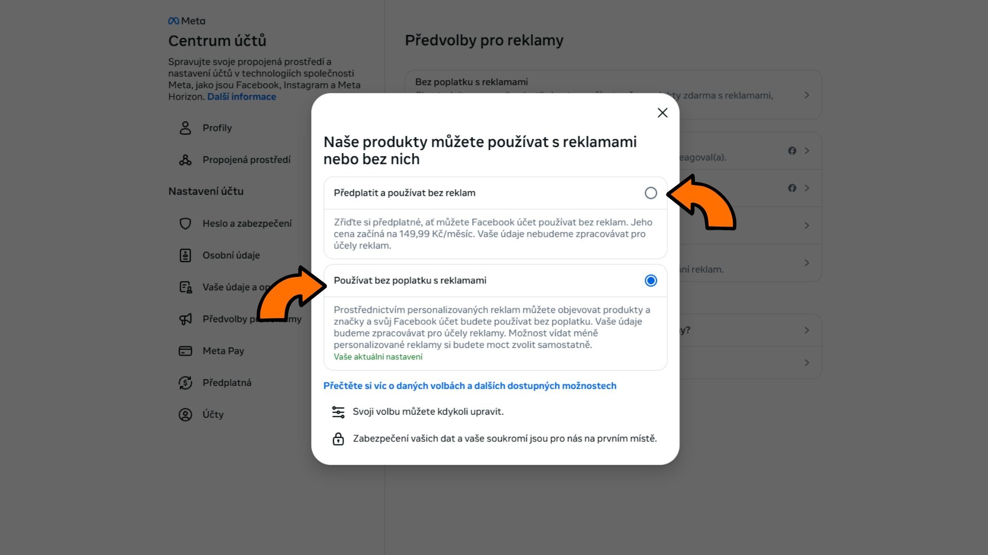 Facebook bez reklam - nastavení předplatného
