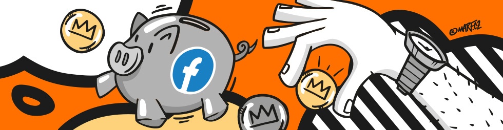 Ilustrace prasátka na peníze s logem facebooku