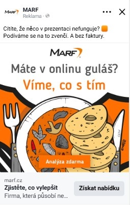 Ukázka Facebook reklamy MARF – kreativní vizuál s textem Máte v onlinu guláš a nabídkou analýzy zdarma