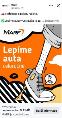 Ukázka Facebook reklamy MARF – kreativní vizuál pro polep aut a celoroční služby