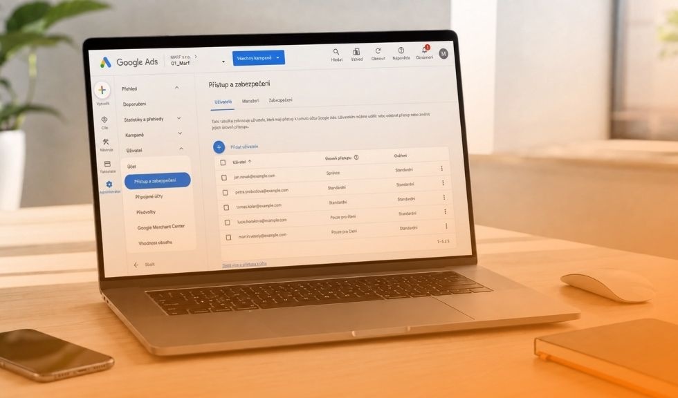 Přidání uživatele do Google Ads - sekce Administrátor