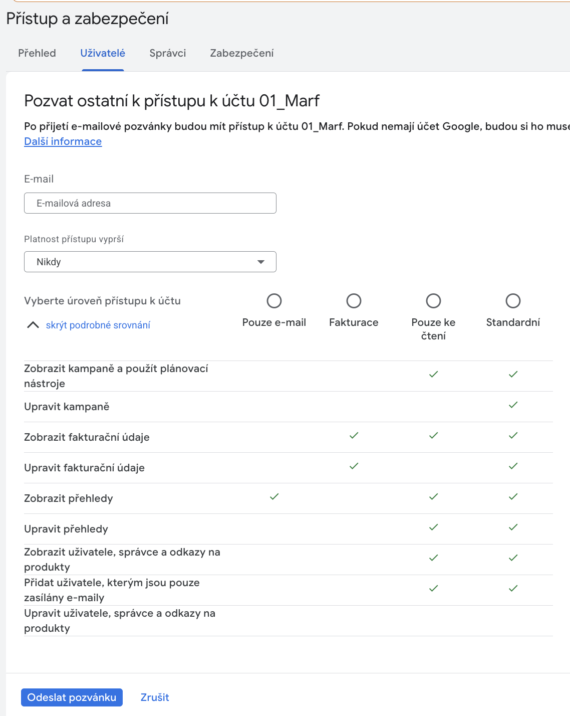 Přidání uživatele do Google Ads - výběr úrovně přístupu