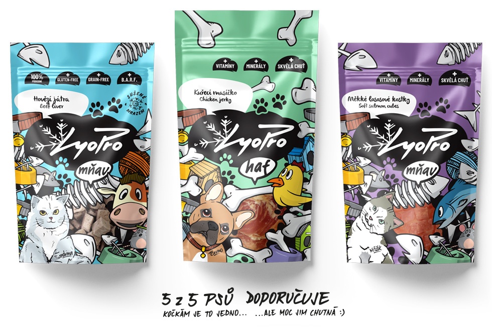 Vizuální svět značky LyoPro s kreslenými maskoty a produktovou grafikou