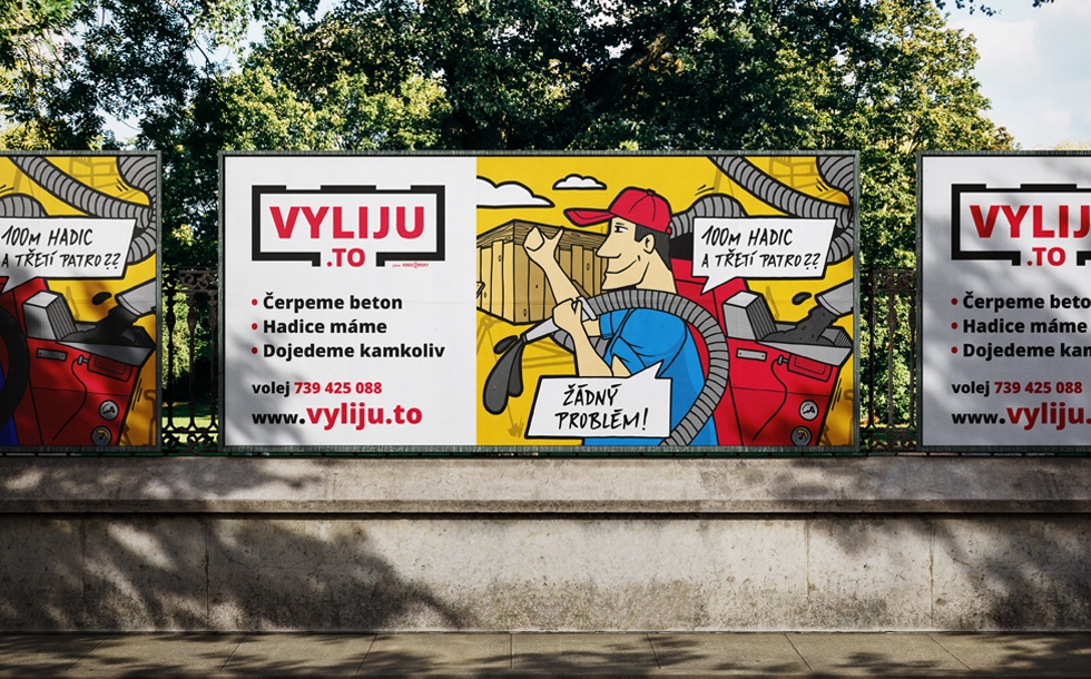 Reklamní billboard VYLIJU.TO s komiksovou grafikou a nabídkou čerpání betonu
