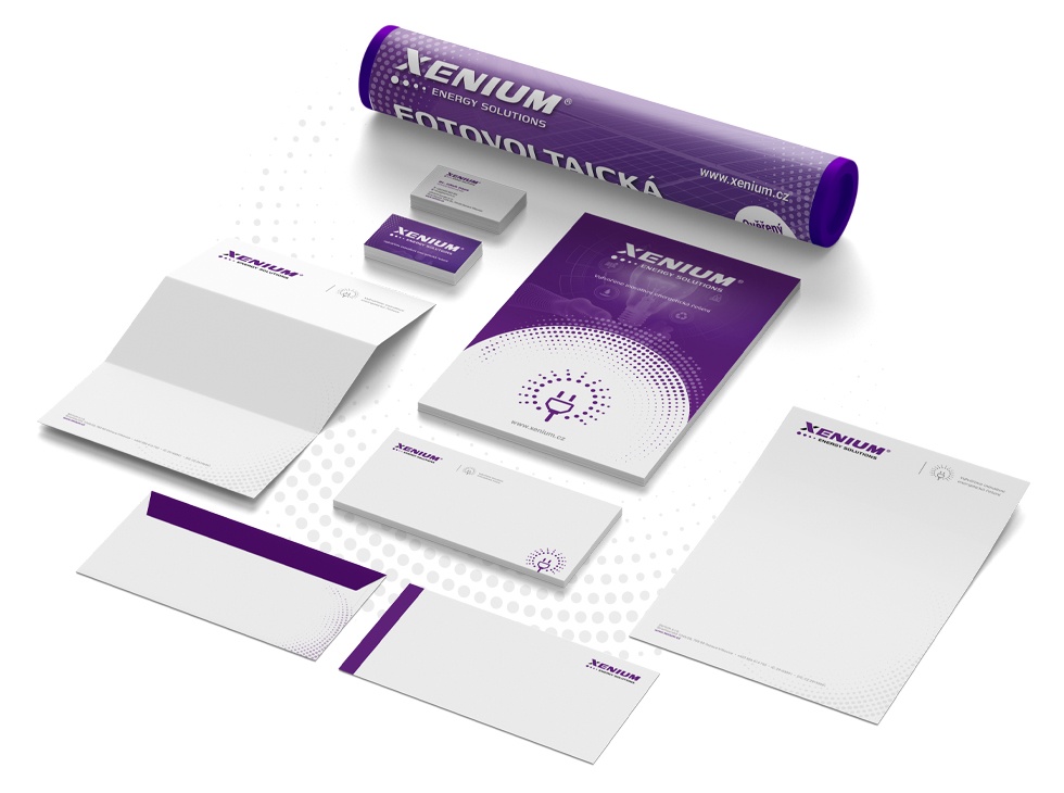 polepy auta pro Xenium Firemní dodávka Xenium Energy Solutions s brandingem a sloganem 'Vytváříme inovativní energetická řešení' a webovou adresou xenium.cz